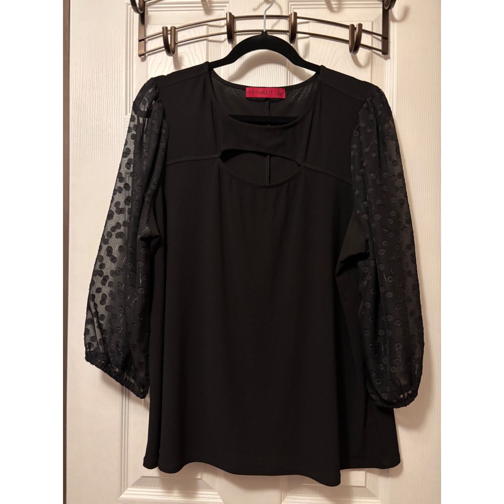 Love Scarlett Black Cutout Neck Blouse Sheer Swiss Dot Puff Sleeve 1X